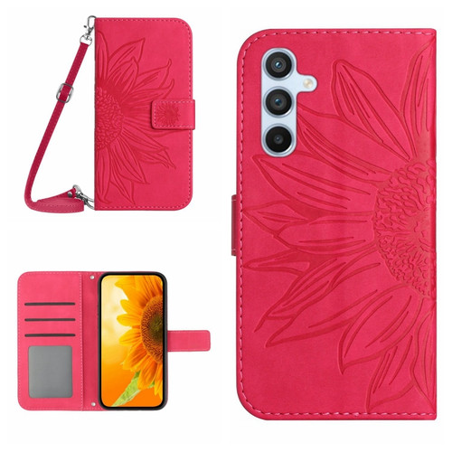 Samsung Galaxy S24+ 5G Skin Feel Sun Flower Embossed Flip Leather Phone Case with Lanyard - Rose Red