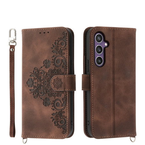Samsung Galaxy S24+ 5G Skin-feel Flowers Embossed Wallet Leather Phone Case - Brown