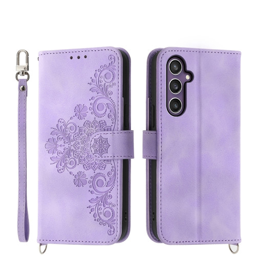 Samsung Galaxy S24+ 5G Skin-feel Flowers Embossed Wallet Leather Phone Case - Purple