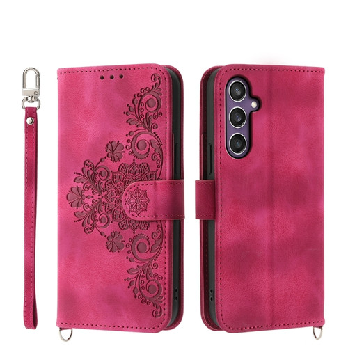 Samsung Galaxy S24+ 5G Skin-feel Flowers Embossed Wallet Leather Phone Case - Wine Red