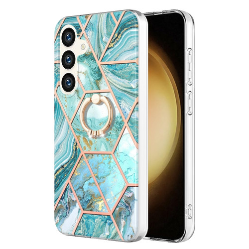 Samsung Galaxy S24+ 5G Splicing Marble Flower IMD TPU Phone Case Ring Holder - Blue