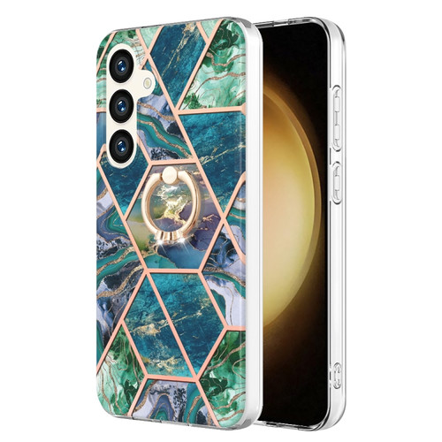 Samsung Galaxy S24+ 5G Splicing Marble Flower IMD TPU Phone Case Ring Holder - Blue Green