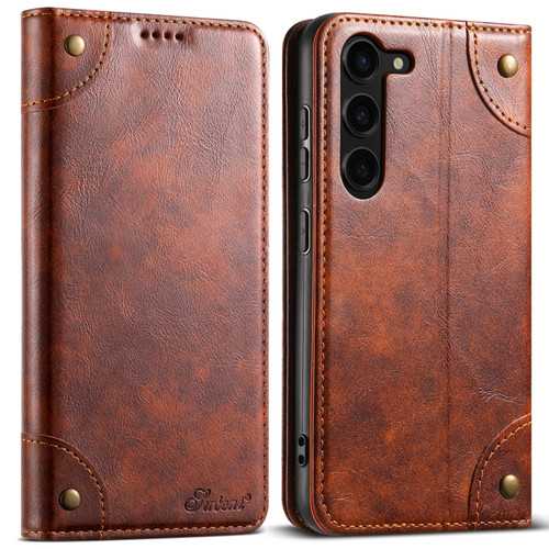 Samsung Galaxy S24+ 5G Suteni Baroque Calf Texture Buckle Wallet Leather Phone Case - Khaki