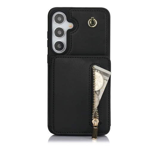 Samsung Galaxy S24+ 5G YM006 Skin Feel Zipper Card Bag Phone Case with Dual Lanyard - Black