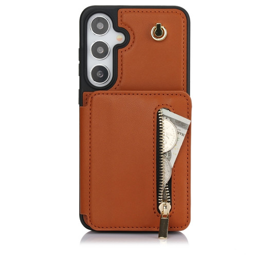 Samsung Galaxy S24+ 5G YM006 Skin Feel Zipper Card Bag Phone Case with Dual Lanyard - Brown