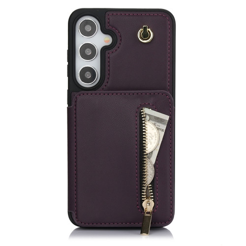 Samsung Galaxy S24+ 5G YM006 Skin Feel Zipper Card Bag Phone Case with Dual Lanyard - Dark Purple