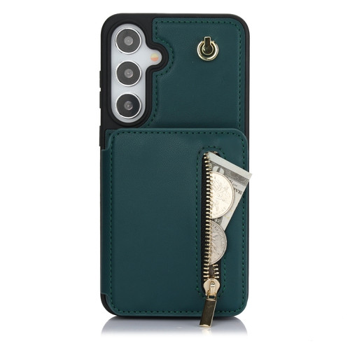 Samsung Galaxy S24+ 5G YM006 Skin Feel Zipper Card Bag Phone Case with Dual Lanyard - Green