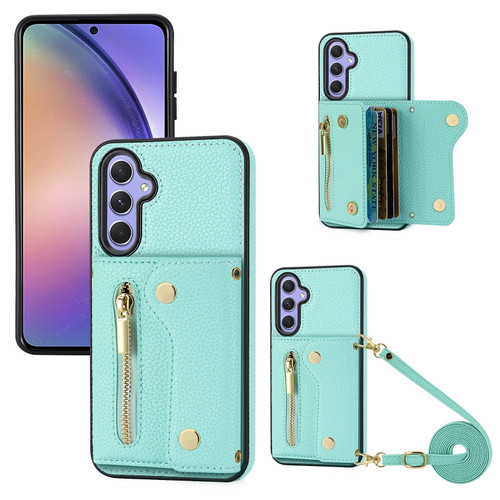 Samsung Galaxy S24+ DF-09 Crossbody Litchi texture Card Bag Design PU Phone Case - Cyan