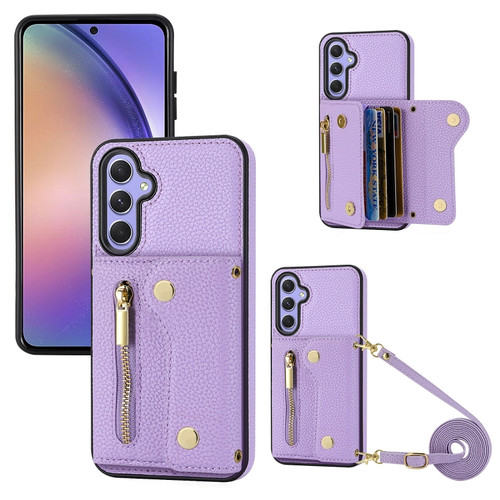 Samsung Galaxy S24+ DF-09 Crossbody Litchi texture Card Bag Design PU Phone Case - Purple