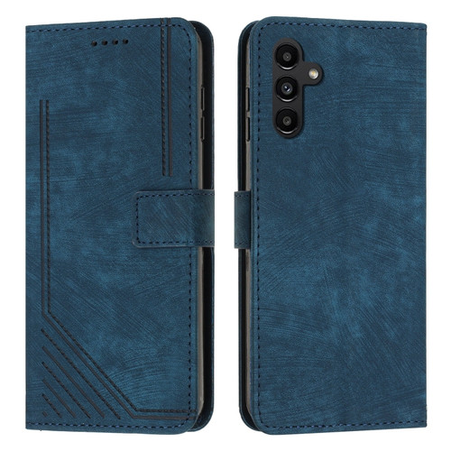 Samsung Galaxy S24+ Skin Feel Stripe Pattern Leather Phone Case with Long Lanyard - Blue