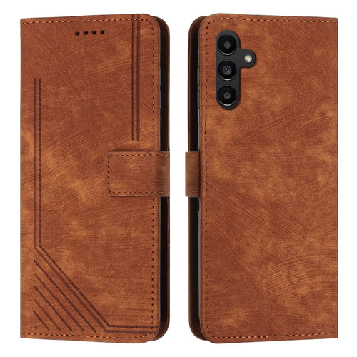 Samsung Galaxy S24+ Skin Feel Stripe Pattern Leather Phone Case with Long Lanyard - Brown