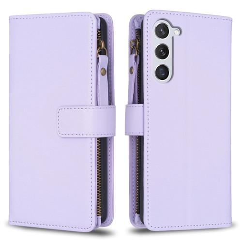 Samsung Galaxy S24 5G 9 Card Slots Zipper Wallet Leather Flip Phone Case - Light Purple