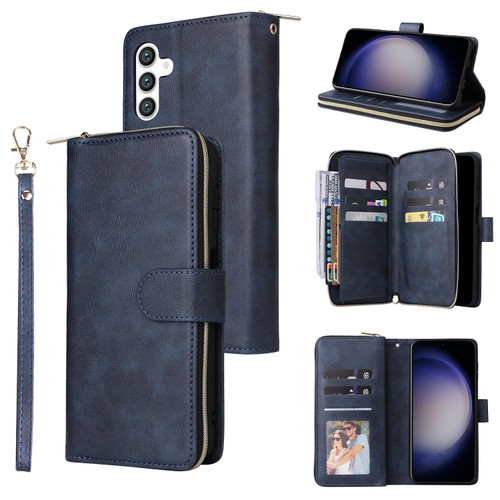 Samsung Galaxy S24 5G 9-Card Slots Zipper Wallet Bag Leather Phone Case - Blue