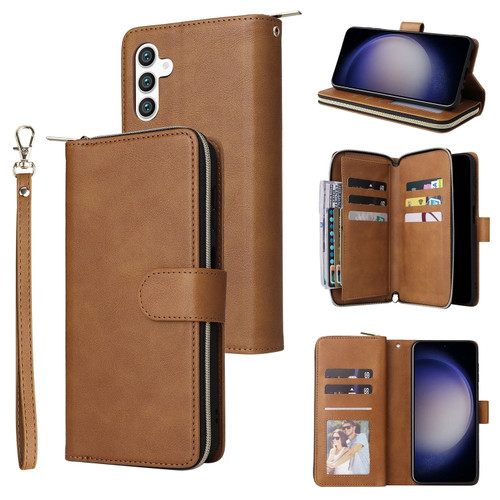 Samsung Galaxy S24 5G 9-Card Slots Zipper Wallet Bag Leather Phone Case - Brown