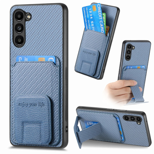 Samsung Galaxy S24 5G Carbon Fiber Card Bag Fold Stand Phone Case - Blue