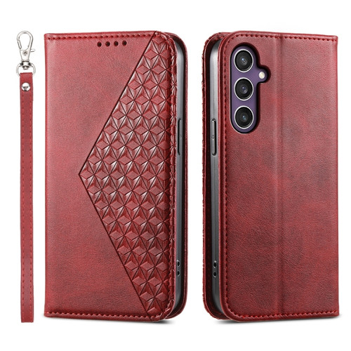 Samsung Galaxy S24 5G Cubic Grid Calf Texture Magnetic Leather Phone Case - Red