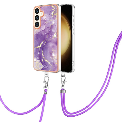 Samsung Galaxy S24 5G Electroplating Marble Dual-side IMD Phone Case with Lanyard - Purple 002