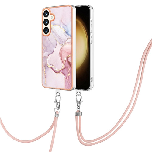 Samsung Galaxy S24 5G Electroplating Marble Dual-side IMD Phone Case with Lanyard - Rose Gold 005