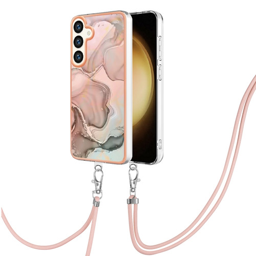 Samsung Galaxy S24 5G Electroplating Marble Dual-side IMD Phone Case with Lanyard - Rose Gold 015