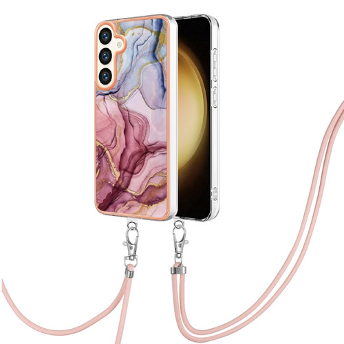 Samsung Galaxy S24 5G Electroplating Marble Dual-side IMD Phone Case with Lanyard - Rose Red 014
