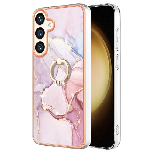 Samsung Galaxy S24 5G Electroplating Marble IMD TPU Phone Case with Ring Holder - Rose Gold 005