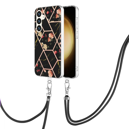 Samsung Galaxy S24 5G Electroplating Splicing Marble Flower IMD TPU Phone Case with Lanyard - Black Flower