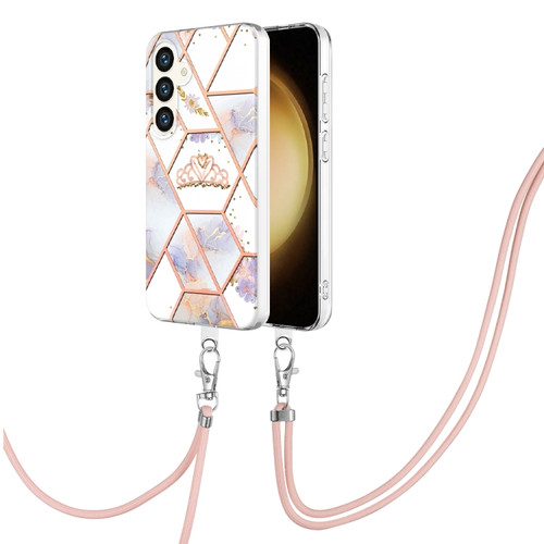 Samsung Galaxy S24 5G Electroplating Splicing Marble Flower IMD TPU Phone Case with Lanyard - Crown