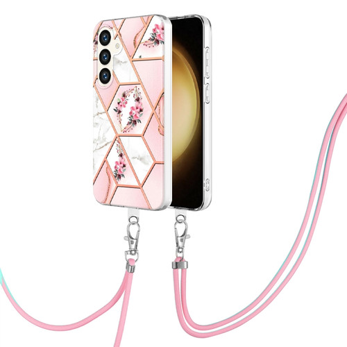 Samsung Galaxy S24 5G Electroplating Splicing Marble Flower IMD TPU Phone Case with Lanyard - Pink Flower