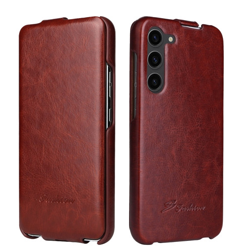 Samsung Galaxy S24 5G Fierre Shann 64 Texture Vertical Flip PU Leather Phone Case - Brown