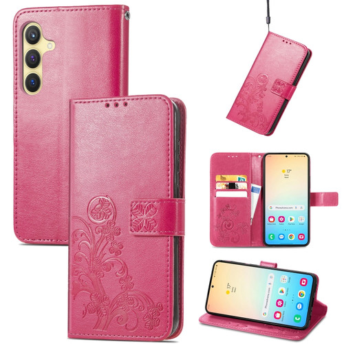 Samsung Galaxy S24 5G Four-leaf Clasp Embossed Buckle Leather Phone Case - Magenta