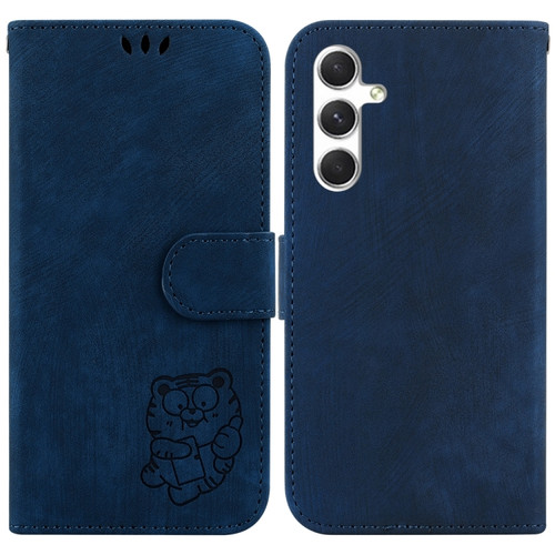 Samsung Galaxy S24 5G Little Tiger Embossed Leather Phone Case - Dark Blue