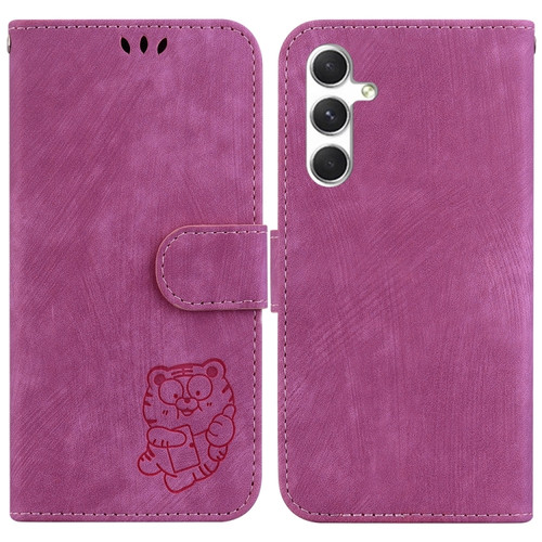Samsung Galaxy S24 5G Little Tiger Embossed Leather Phone Case - Rose Red