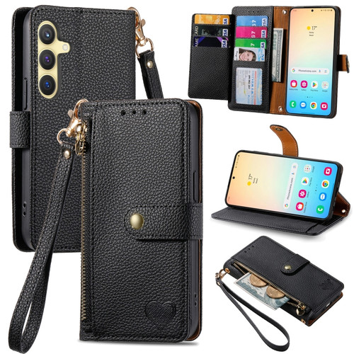 Samsung Galaxy S24 5G Love Zipper Lanyard Leather Phone Case - Black