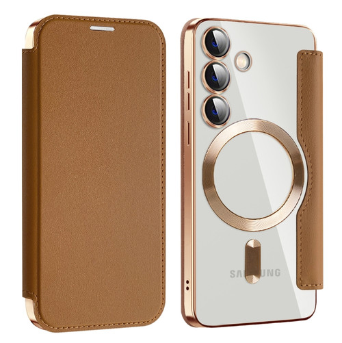 Samsung Galaxy S24 5G MagSafe Magnetic RFID Anti-theft Leather Phone Case - Brown