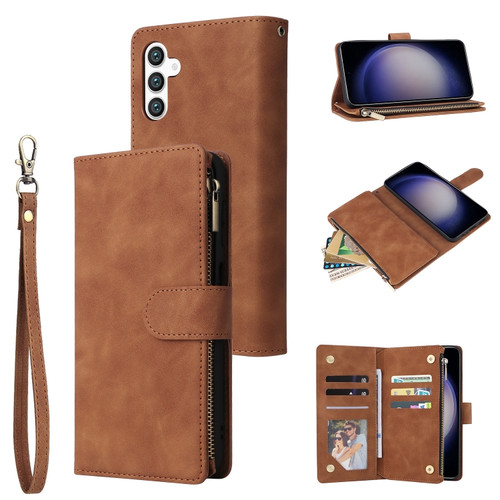 Samsung Galaxy S24 5G Multifunctional Frosted Zipper Wallet Leather Phone Case - Brown