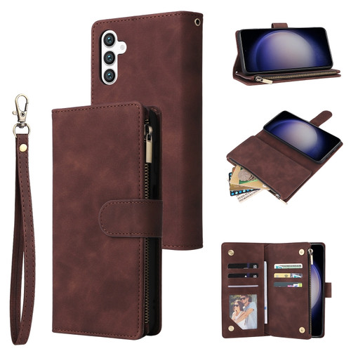 Samsung Galaxy S24 5G Multifunctional Frosted Zipper Wallet Leather Phone Case - Coffee