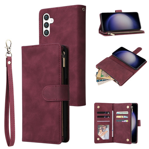 Samsung Galaxy S24 5G Multifunctional Frosted Zipper Wallet Leather Phone Case - Wine Red