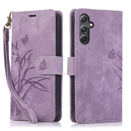 Samsung Galaxy S24 5G Orchid Butterfly Embossed Leather Phone Case - Purple