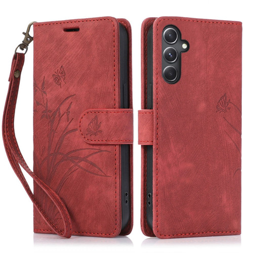 Samsung Galaxy S24 5G Orchid Butterfly Embossed Leather Phone Case - Red