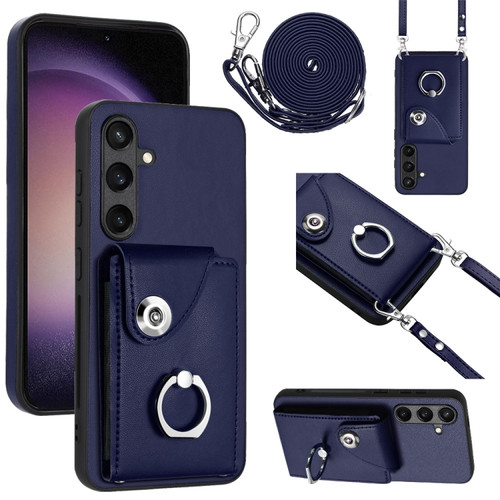 Samsung Galaxy S24 5G Organ Card Bag Ring Holder Phone Case with Long Lanyard - Blue