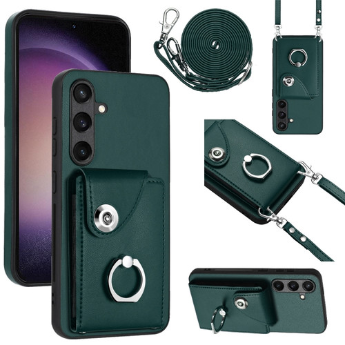 Samsung Galaxy S24 5G Organ Card Bag Ring Holder Phone Case with Long Lanyard - Green