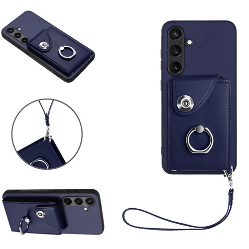 Samsung Galaxy S24 5G Organ Card Bag Ring Holder PU Phone Case with Lanyard - Blue
