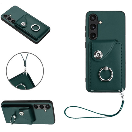 Samsung Galaxy S24 5G Organ Card Bag Ring Holder PU Phone Case with Lanyard - Green