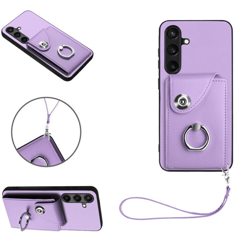 Samsung Galaxy S24 5G Organ Card Bag Ring Holder PU Phone Case with Lanyard - Purple