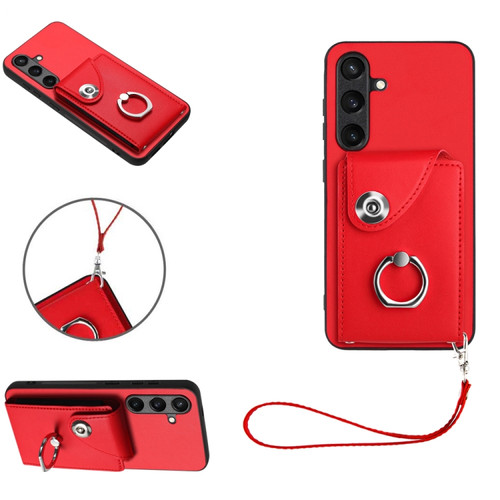 Samsung Galaxy S24 5G Organ Card Bag Ring Holder PU Phone Case with Lanyard - Red