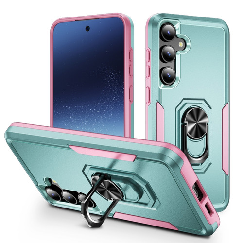 Samsung Galaxy S24 5G Pioneer Armor Heavy Duty PC + TPU Phone Case with Holder - Green+Pink