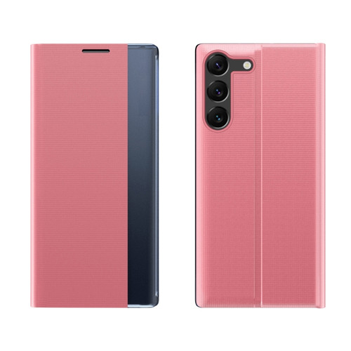 Samsung Galaxy S24 5G Plain Texture Cloth Attraction Flip Holder Leather Phone Case - Pink