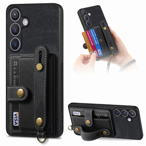 Samsung Galaxy S24 5G Retro Cross Wristband Wallet Leather Back Phone Case - Black