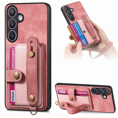 Samsung Galaxy S24 5G Retro Cross Wristband Wallet Leather Back Phone Case - Pink