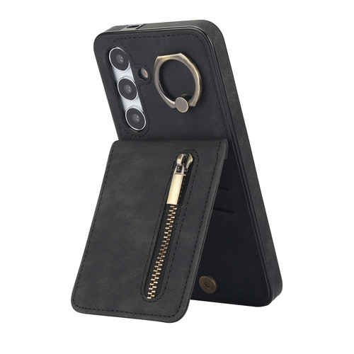 Samsung Galaxy S24 5G Retro Ring and Zipper RFID Card Slot Phone Case - Black